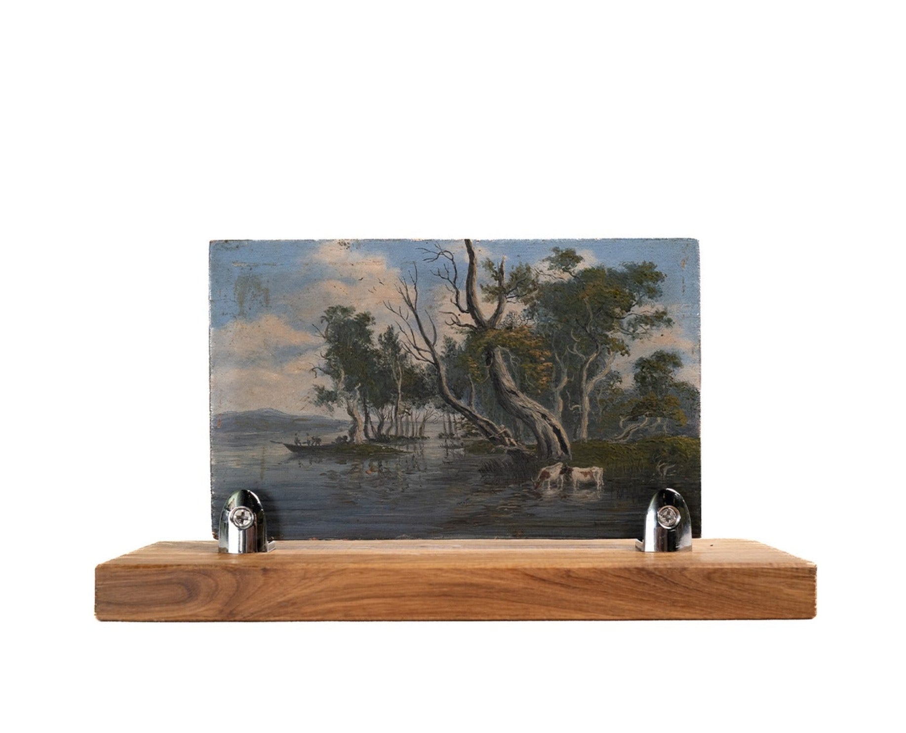 Miniature river landscape on a Havana cigar-box lid, on an oak display stand