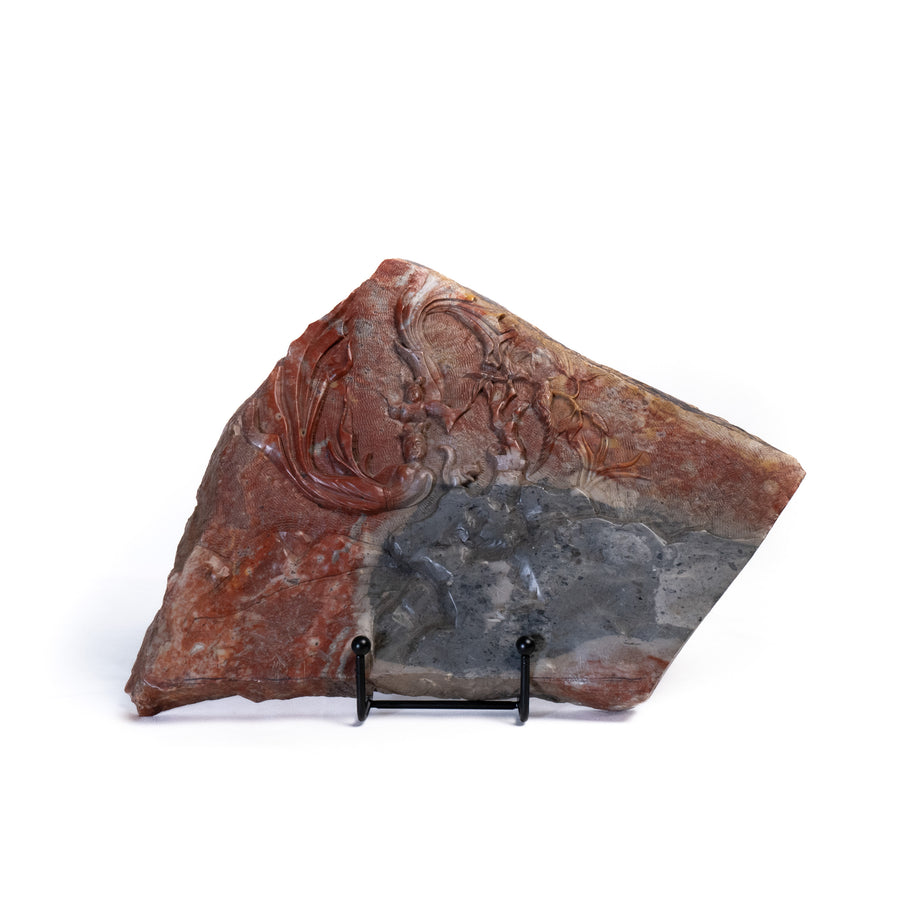 Carved Bicolour Hardstone Boulder with Immortals and Phoenix
