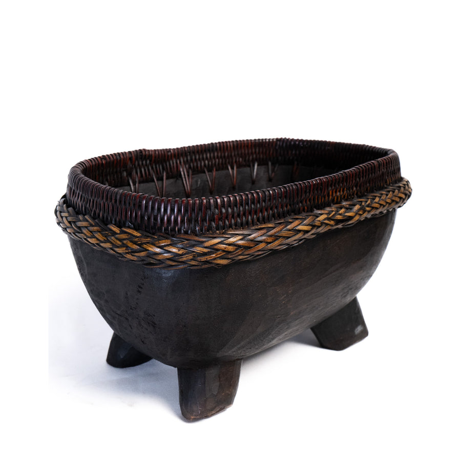 Indonesian Lombok Carved Wood & Woven Ketak Basket