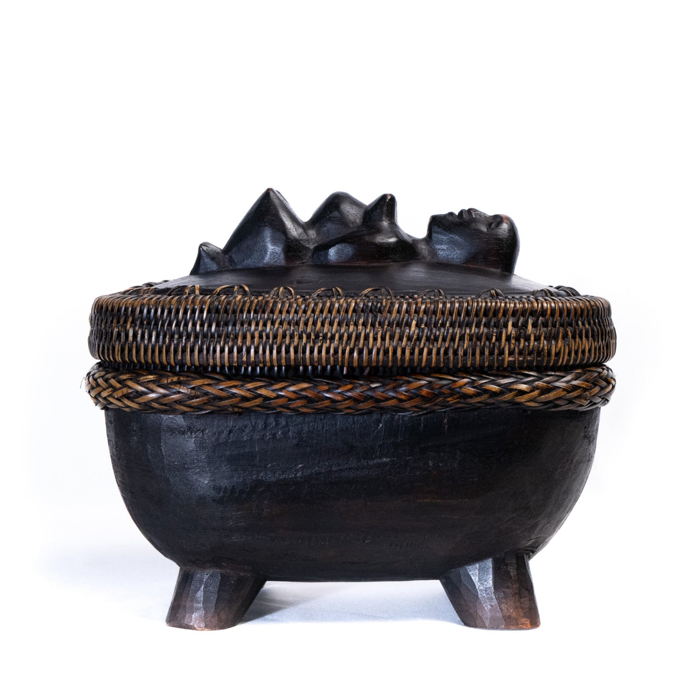 Indonesian Lombok Carved Wood & Woven Ketak Basket