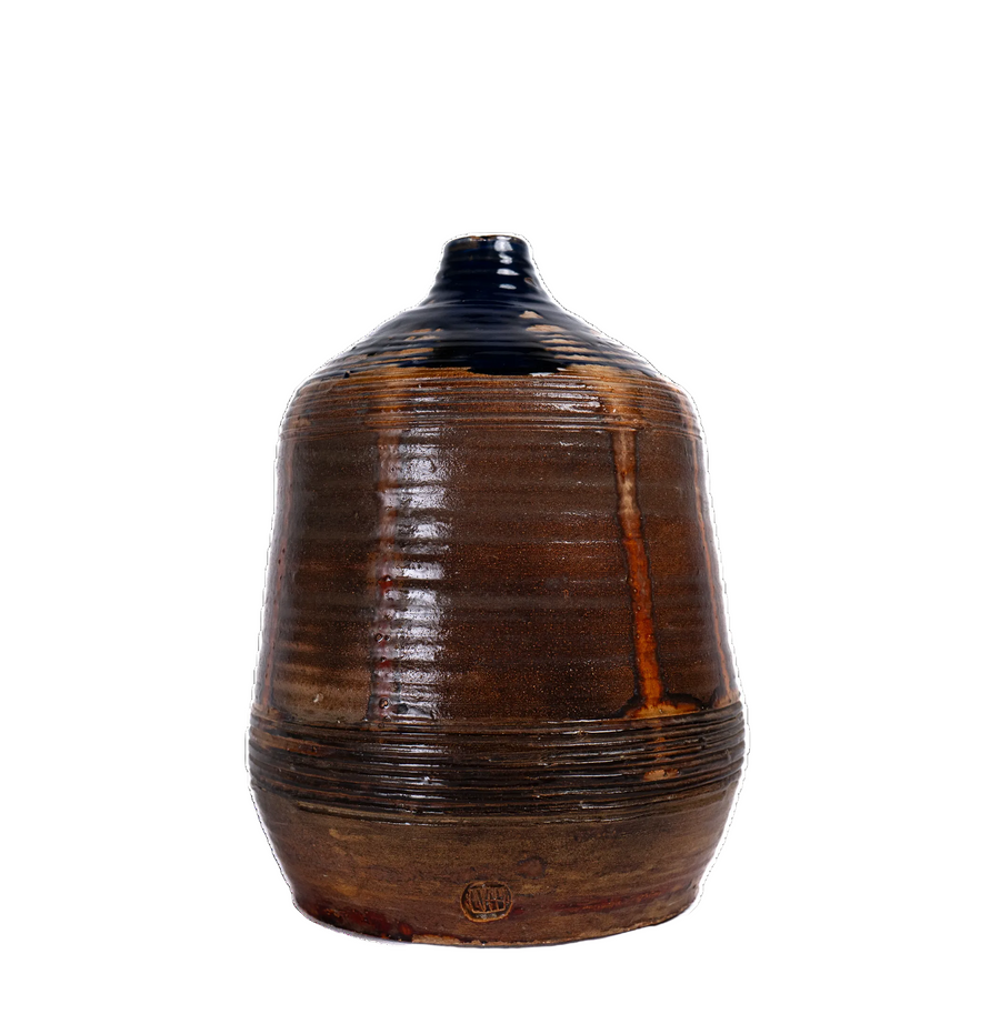 Large Drip-Glazed Stoneware Vessel, Cobalt over Brown