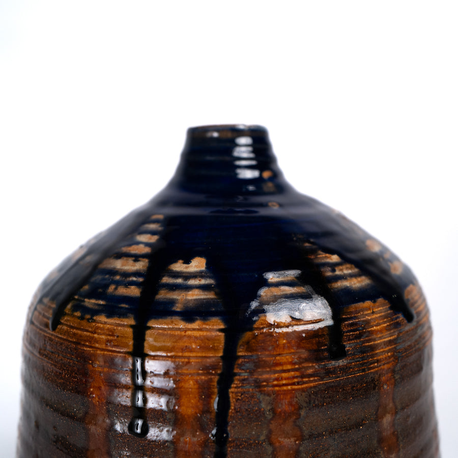 Large Drip-Glazed Stoneware Vessel, Cobalt over Brown