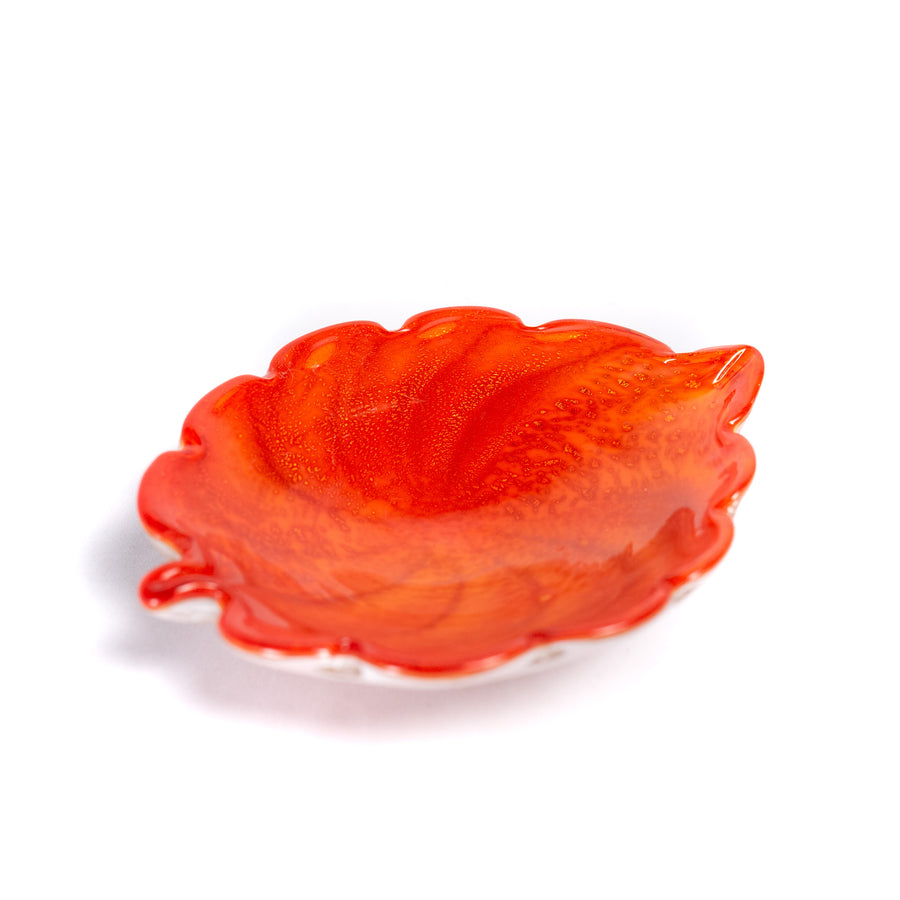 Mid-Century Murano Aventurine Leaf Dish, Orange and Gold