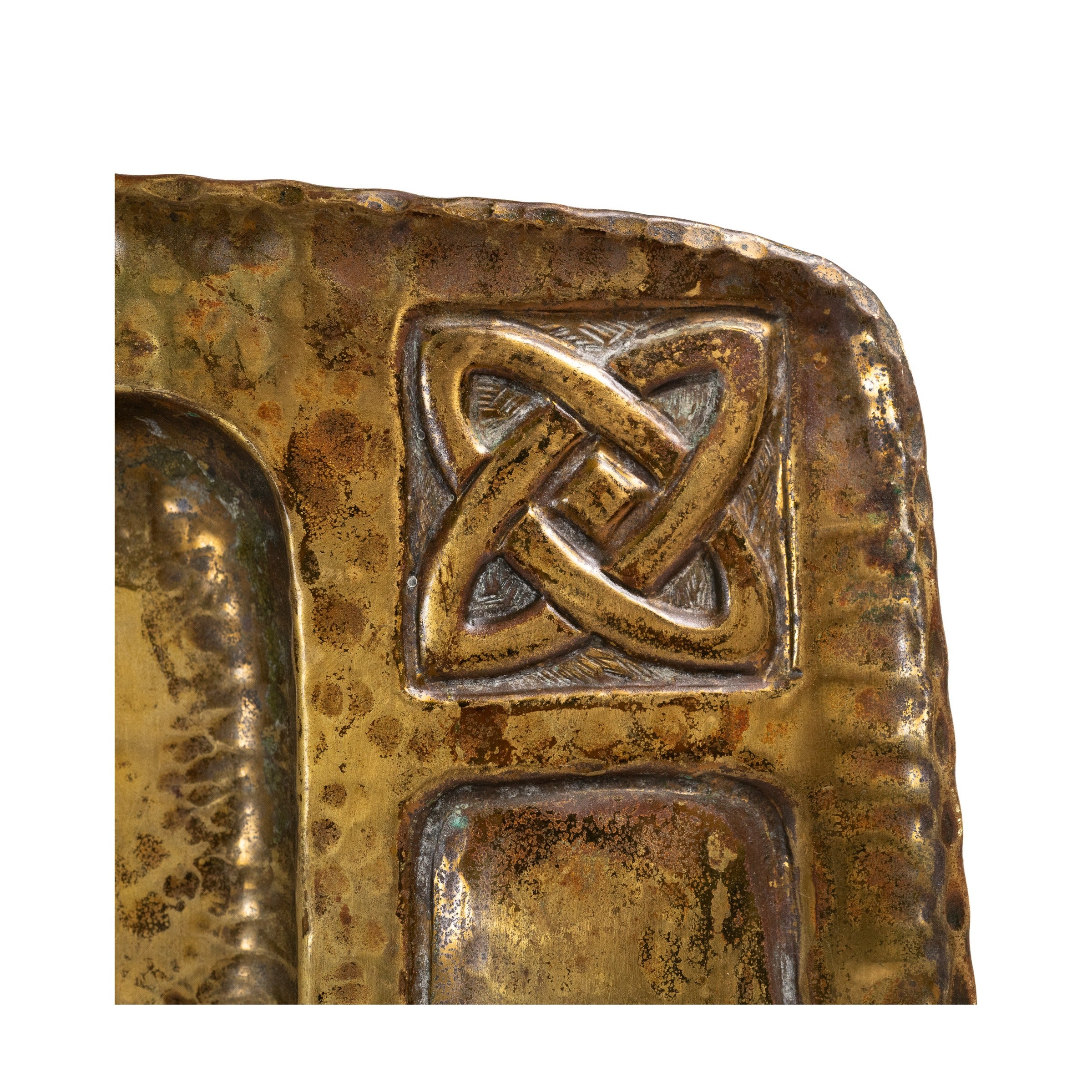 Arts & Crafts Hammered Brass Tray, Celtic Corners
