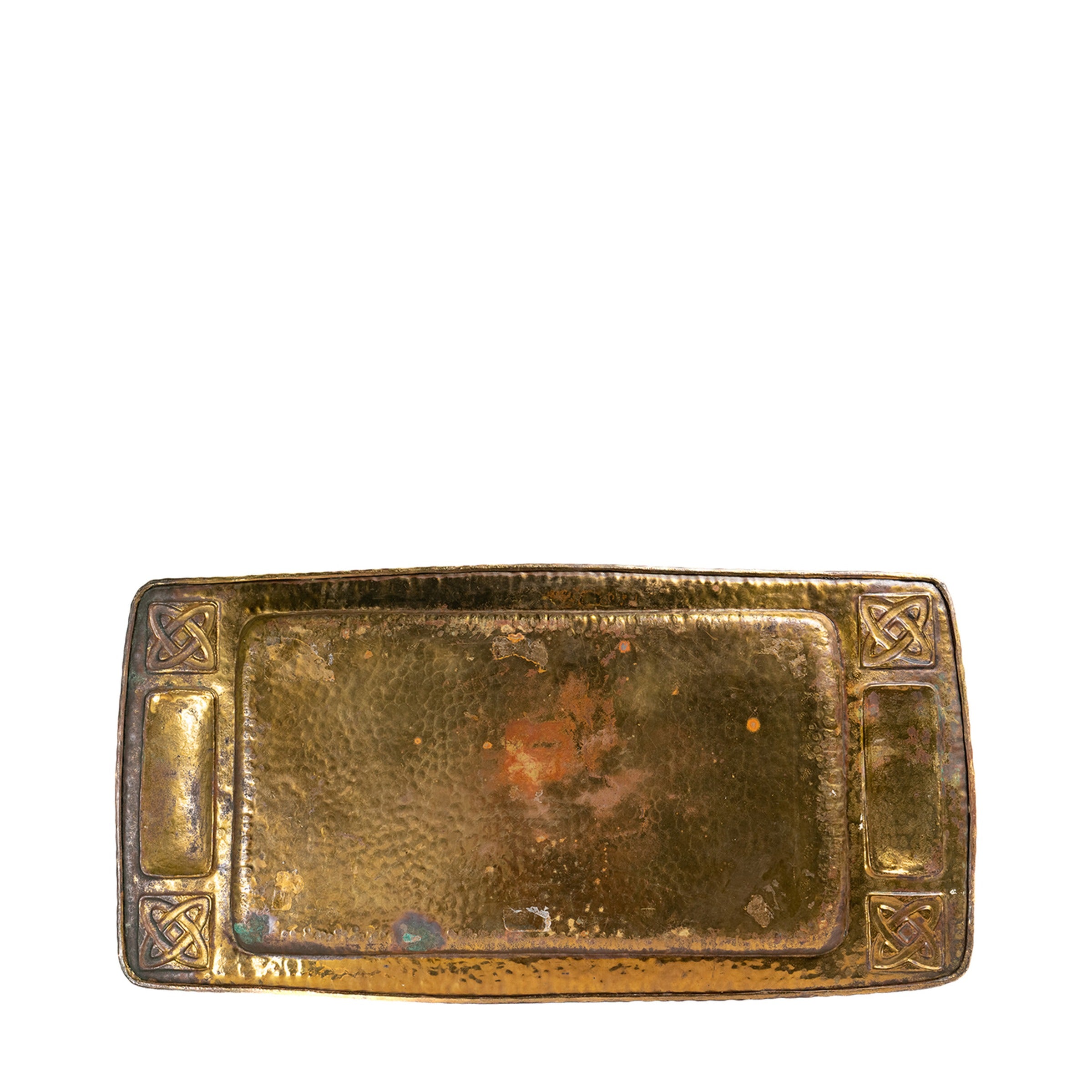 Arts & Crafts Hammered Brass Tray, Celtic Corners