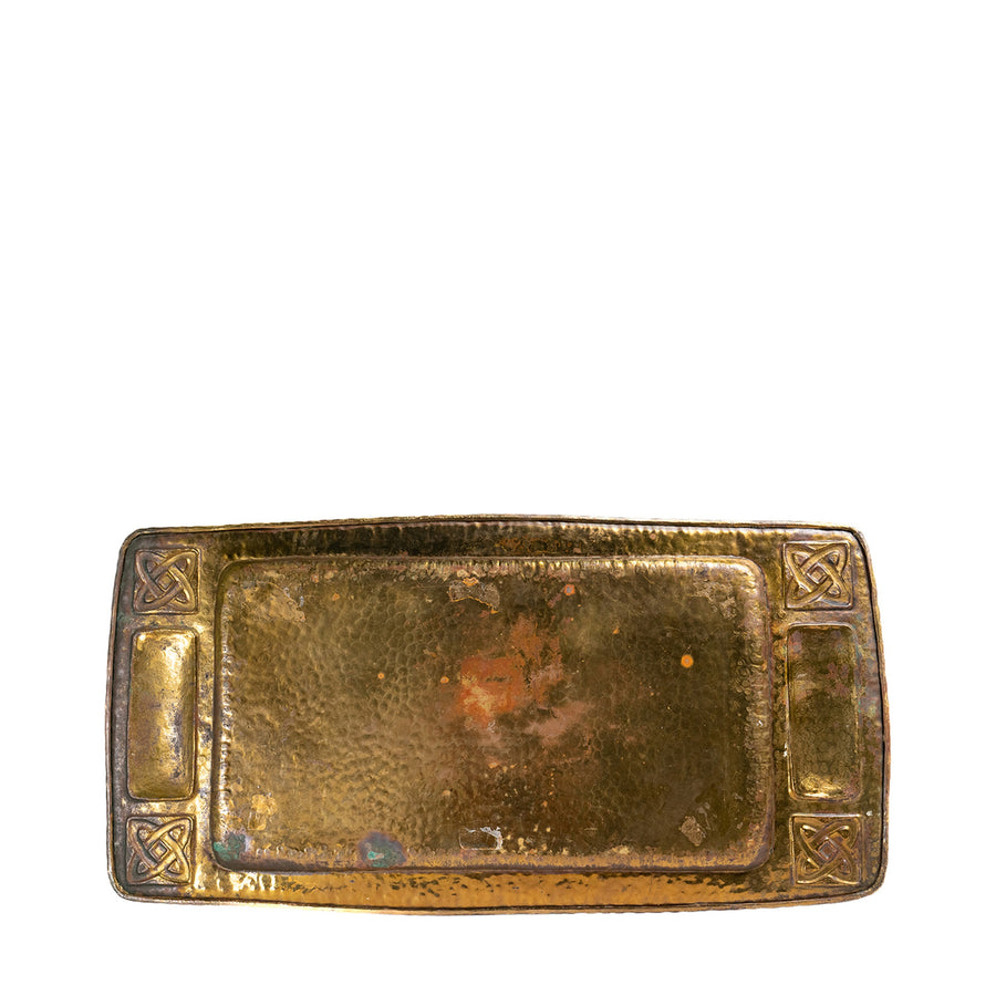 Arts & Crafts Hammered Brass Tray, Celtic Corners