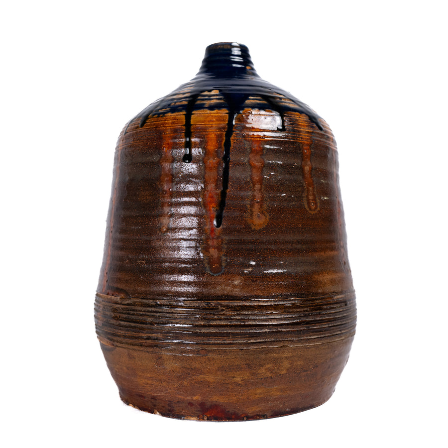 Large Drip-Glazed Stoneware Vessel, Cobalt over Brown