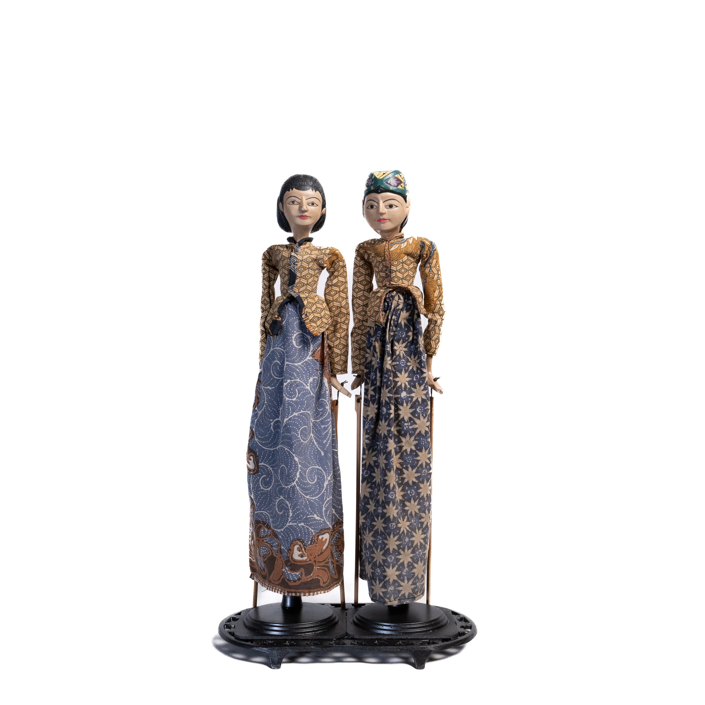Pair of Javanese Rod Puppets in Batik Dress - 1