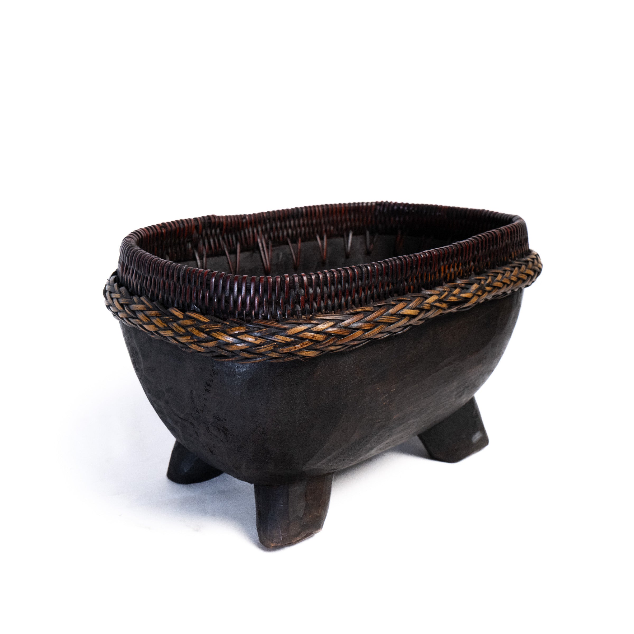 Indonesian Lombok Carved Wood & Woven Ketak Basket - 1