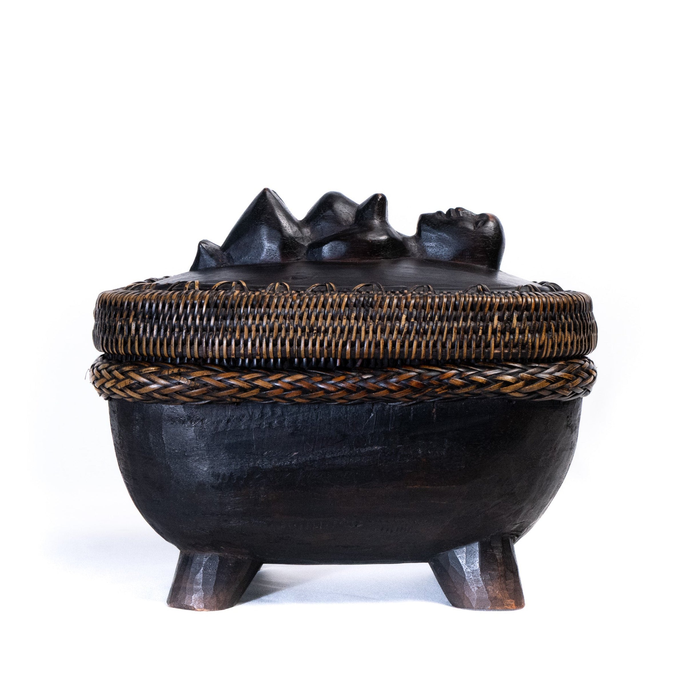Indonesian Lombok Carved Wood & Woven Ketak Basket - 3