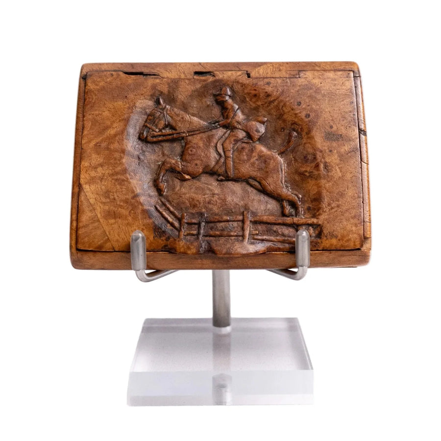 Carved Burr-Wood Tobacco Box with Equestrian Relief