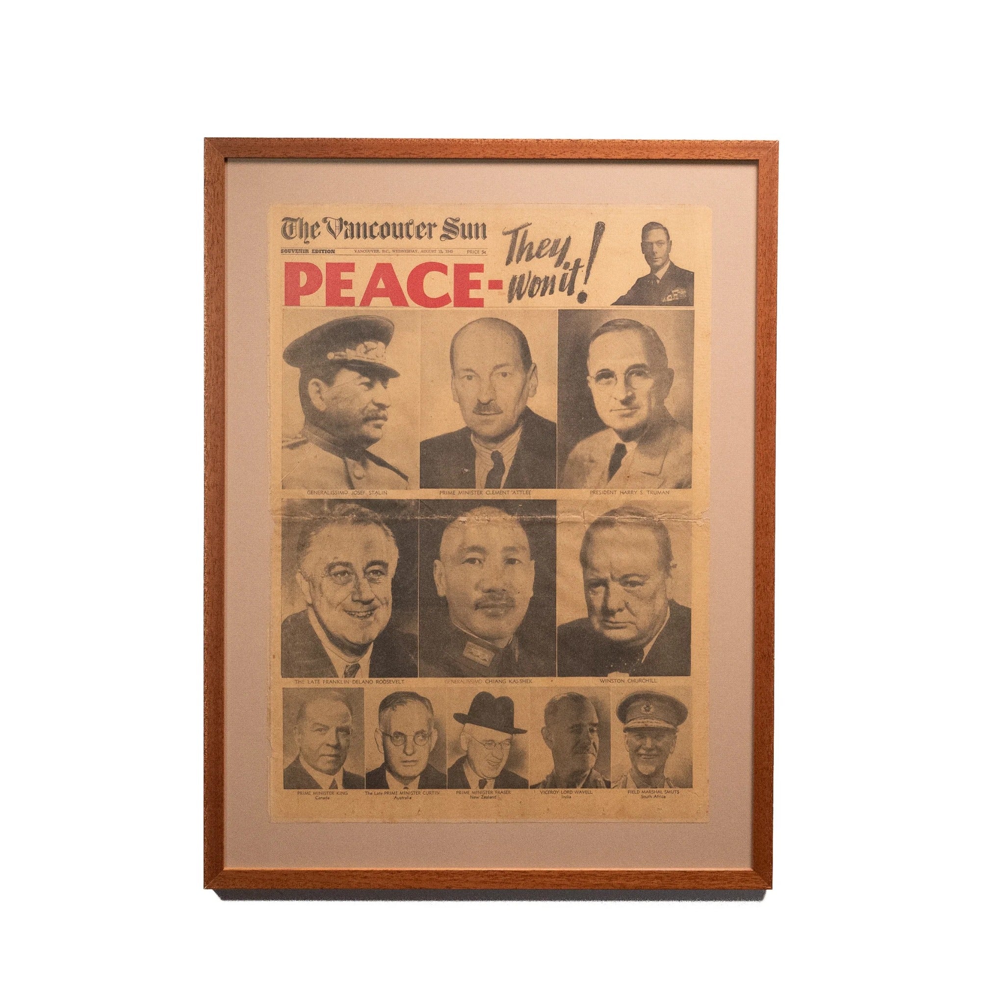 Framed Vancouver Sun 'Peace, They Won It!' Front Page