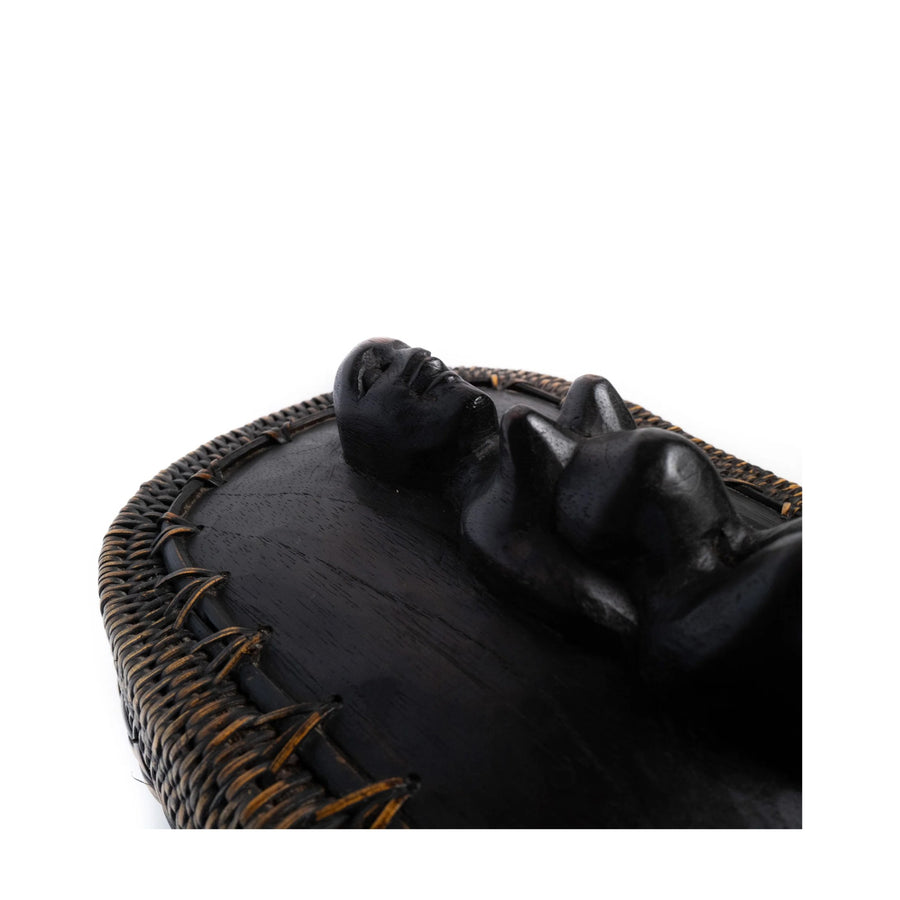 Indonesian Lombok Carved Wood & Woven Ketak Basket
